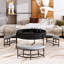 Table basse ronde avec fonction de dessus relevable, compartiment de rangement et 3 repose-pieds, matériau, esthétique moderne blanc noir, base avec pieds, option d'utilisation de l'espace