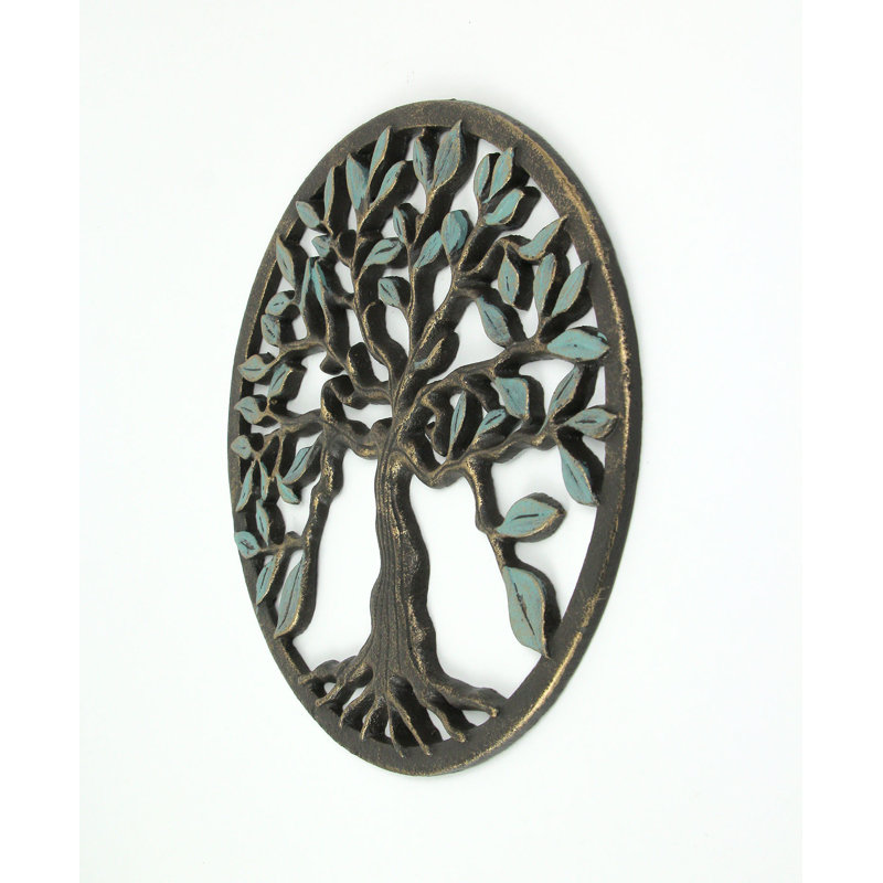 Vintage Tree of Life cast iron wall art with bronze and verdigris finish — 11.75 in. diameter, 0.25 in. thick