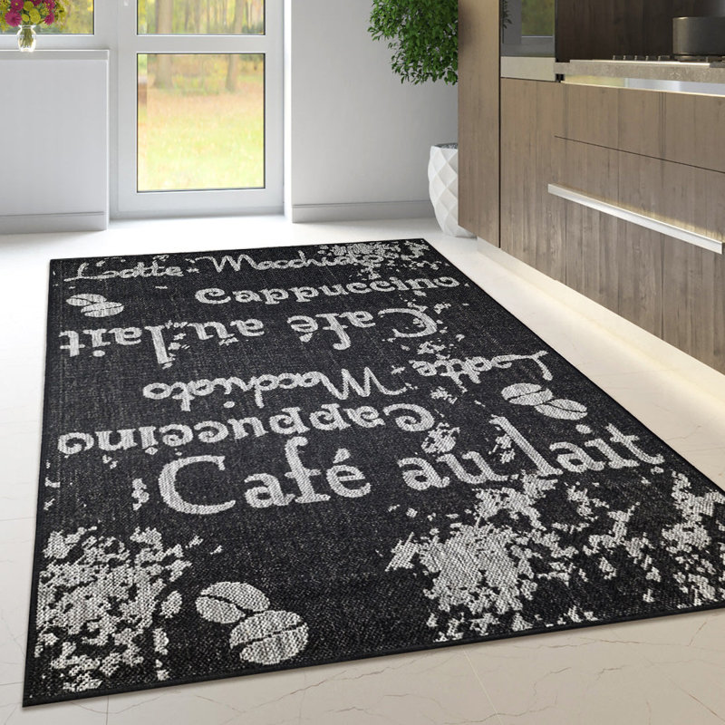 Non Slip Coffee Rug Flat Weave Kitchen Living Room Carpet, Rectangle 160 x 225 cm, Black