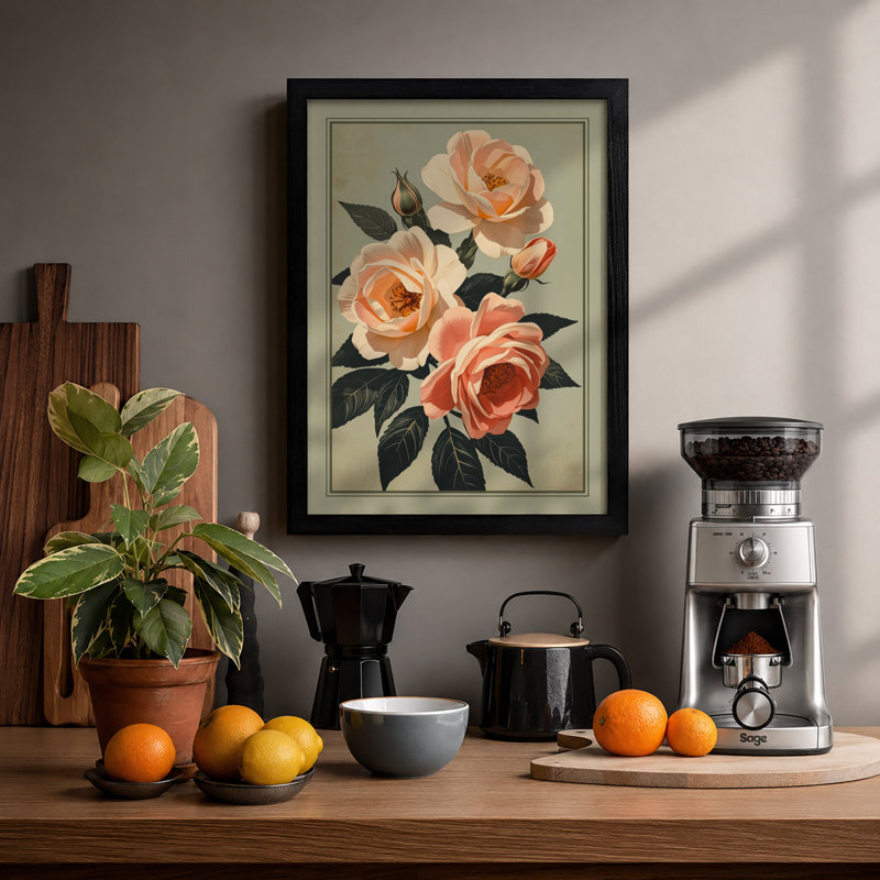 Peach Roses Study Botanical - Print, A1 - 84.1 x 59.4 cm, Black