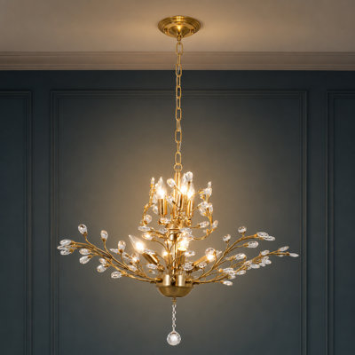 Lustre vintage glamour de 76 cm (30 pouces) en bronze doré antique et cristal à 7 lumières, motif floral en branches et feuilles.