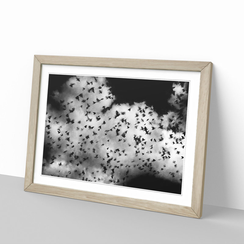 Birds On The Move Painting - Single Picture Frame Print on MDF, 62cm H x 87cm W x 2cm D, Oak