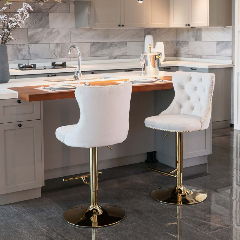 Tabourets de bar pivotants en velours, 2, Doré, Beige