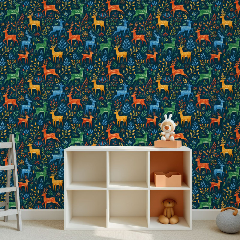 Papier peint adhésif peler et coller en PVC, revêtement mural auto-adhésif amovible avec impression abstraite de deux cerfs aux tons de bleu orange chaud, imperméable pour la décoration intérieure - Rouleau
