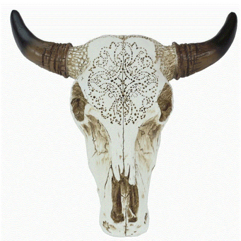 Beige Polyresin Cow Skull Wall Decor with Tooled Floral Design – Western Rustic Style