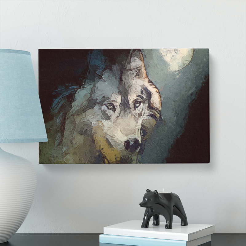Wolf Under The Moon In Abstract - Wrapped Canvas, 40cm H x 60cm W x 3cm D