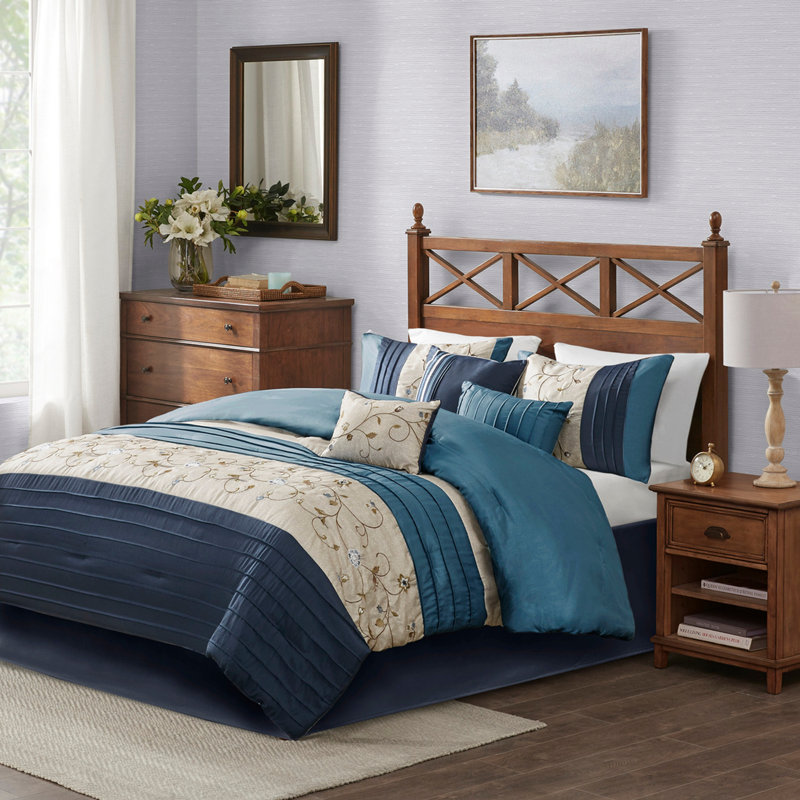Embroidered 7 Piece Comforter Set Navy Queen
