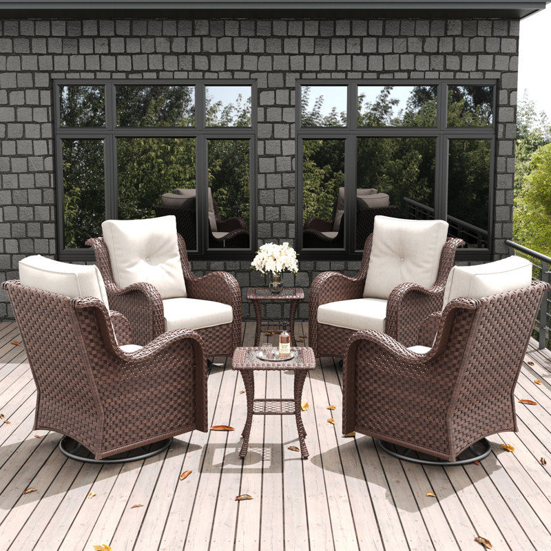 LayinSun 6 Pieces Swivel Rocker Patio Chairs Set With Side Table, Brown, Beige