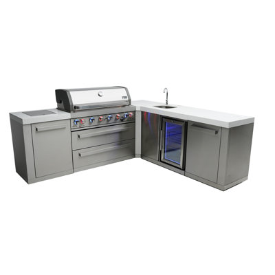 Mont Alpi Premium 94"W x 88"D x 46"H L-shaped Stainless Steel Outdoor Kitchen Island with Fridge Faucet & Sink Combo + 32"W 4-Burner BBQ Grill + Infrared Rotisserie & Side Burner + White Granite Countertops + + Natural Gas Convertible + Lifetime Warranty