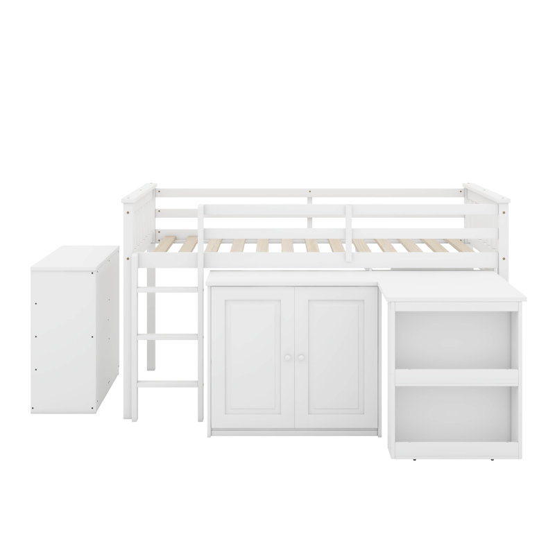 Lit mezzanine simple avec armoire de rangement, armoire à tiroirs et à tablettes et bureau coulissant, Blanc