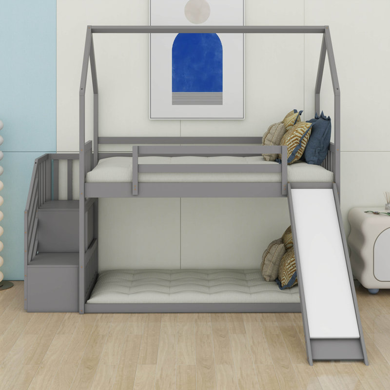Twin Over Twin Size House Bunk Bed With Convertible Slide And Storage Staircase,Bedroom Multifunctional Wood Bed Frame W/Full-Length Guardrails