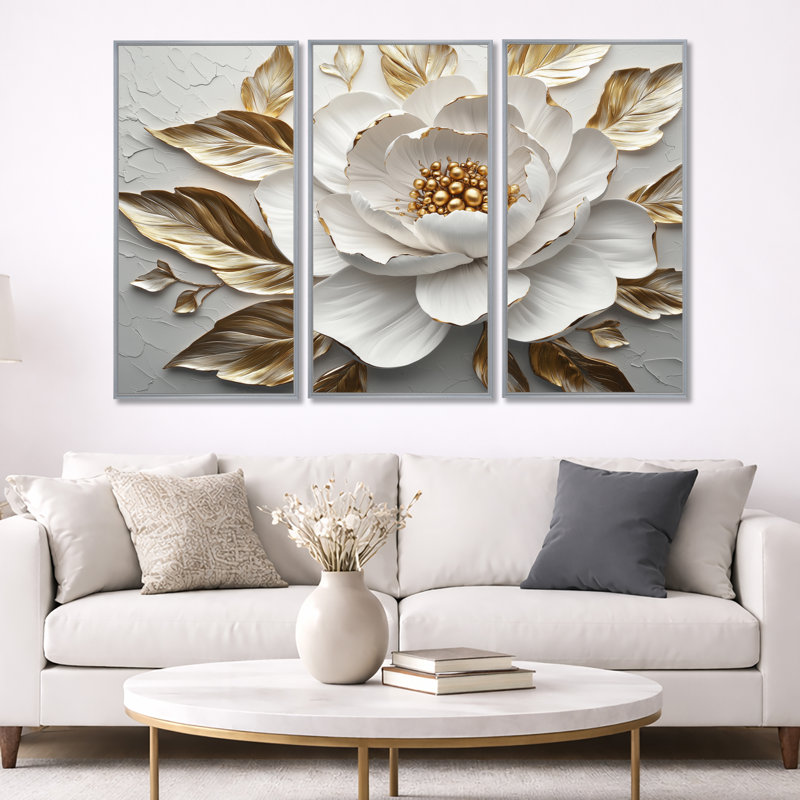 Ensemble de salon art mural pivoines blanches et dorées Bloom III, Toile argentée avec cadre flottant