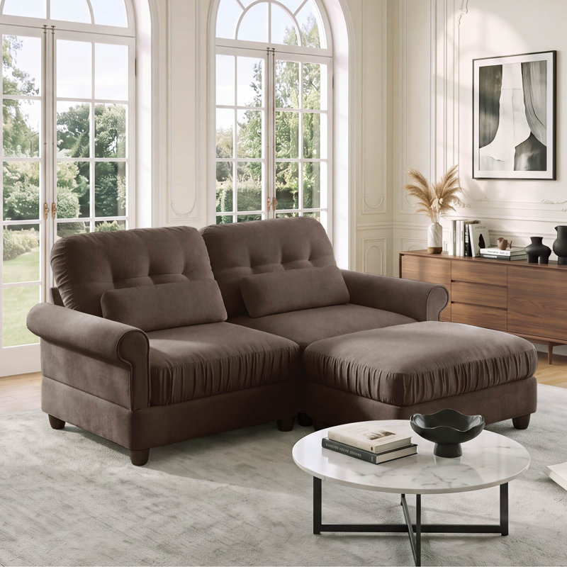 Canapé d'angle en chenille de 175 cm avec pouf et 2 coussins lombaires, Brun, 2