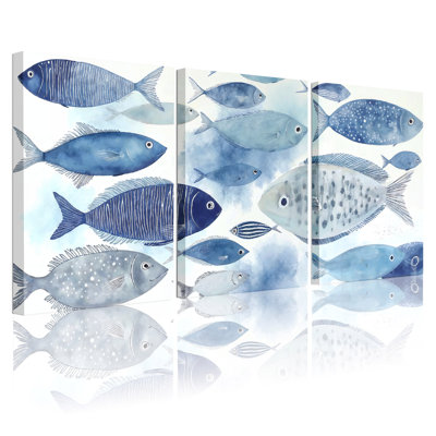 «Blue Fish», art mural moderne sur toile abstraite, ensemble de 3