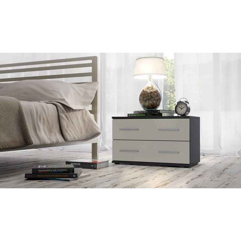 Janney 59.99cm W Wood Bedside Table, Matt black/Glossy sand grey