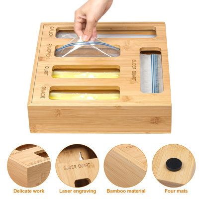 Plastic Bag Organizer For Drawer, Bamboo Food Storage Bags Container Organizer With Slider, Baggie Bags Storage For Drawer Compatible With Gallon, Sandwich Variety Size Bags