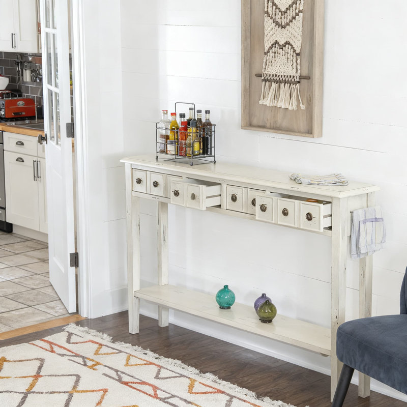 Console Table With 4 Drawers And Lower Shelf, Distressed Cream Finish And Antique Bronze Pulls For Entryway And Living Room