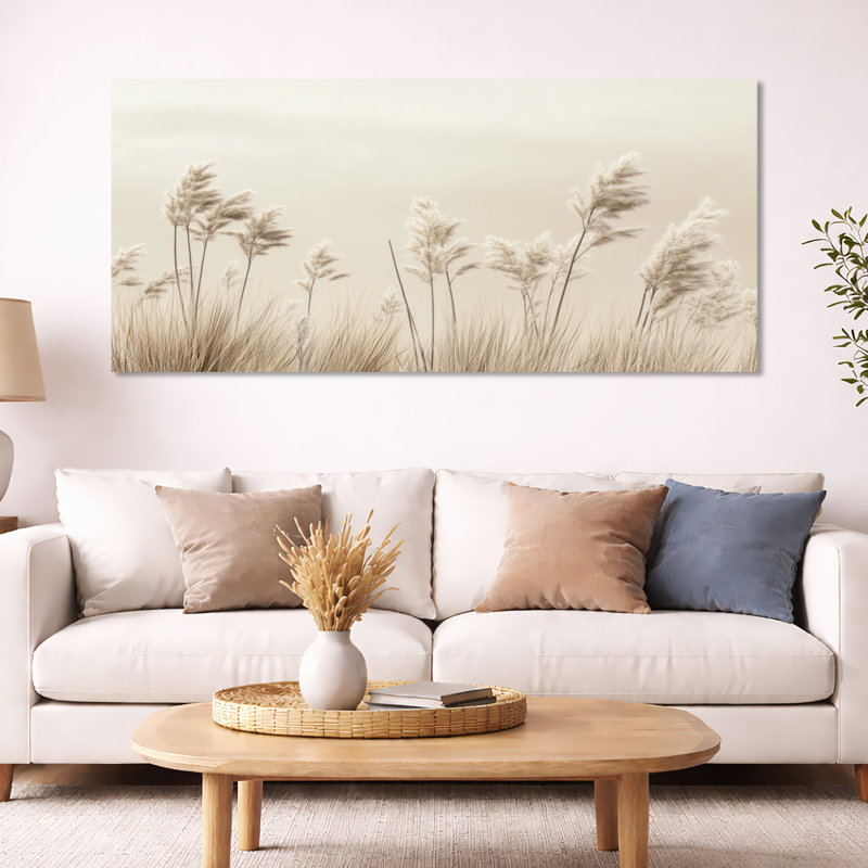 «Minimal Grass Horizon Meadows II», art mural beige, H 28 po x l 60 po, Toile tendue