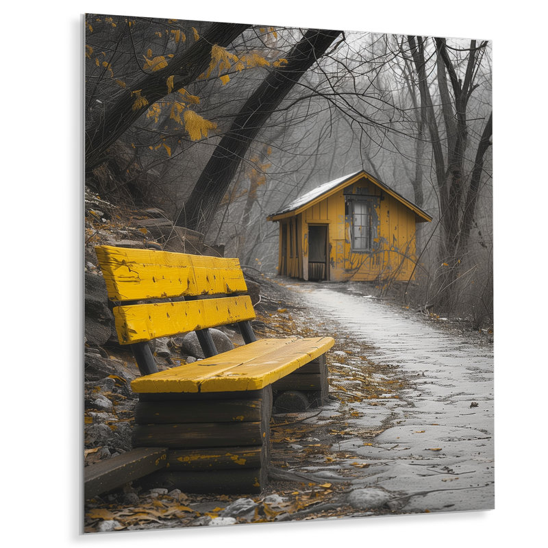 Maison de campagne rustique jaune et gris avec banc rustique, H 32 po x l 16 po x P 1 po, Métal métal