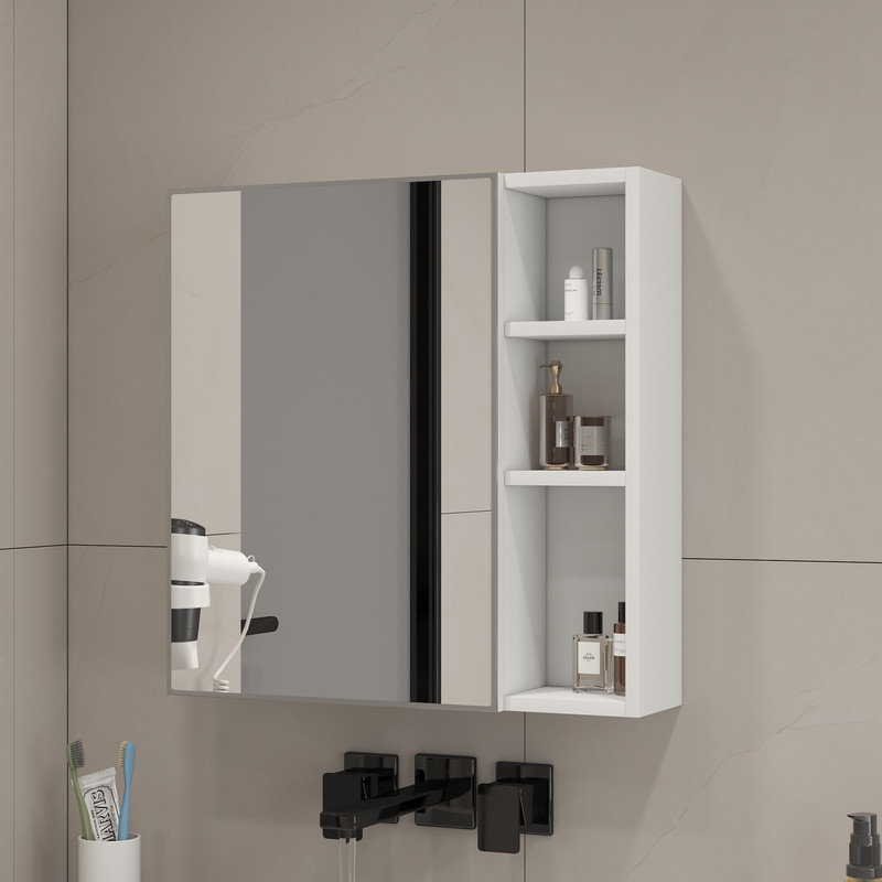 Multi-Function Wood Grain Mirror Cabinet with Storage, Space-Saving Wall-Mounted Design, White