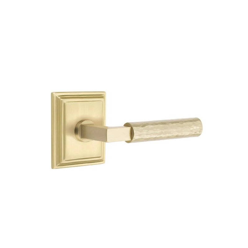 Emtek Select Passage Interior Mortise w/ Wilshire Rosette & L-Square Stem, Hammered Lever, Left, Satin Brass
