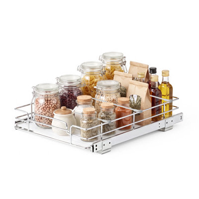 Organisateur de placard coulissant 31,5 cm (L) x 42 cm (P) en acier chromé, étagères coulissantes robustes pour placards bas, conçu pour l'organisation de la cuisine, de la salle de bain, du garde-manger et de la maison