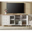 Ensemble de table de salon 4 pièces Scarlett - Comprend une table basse moderne avec plateau relevable, un meuble télé à porte en verre pour téléviseur de 65 pouces, un ensemble de 2 tables de bout avec station de charge et tablette, blanc cassé