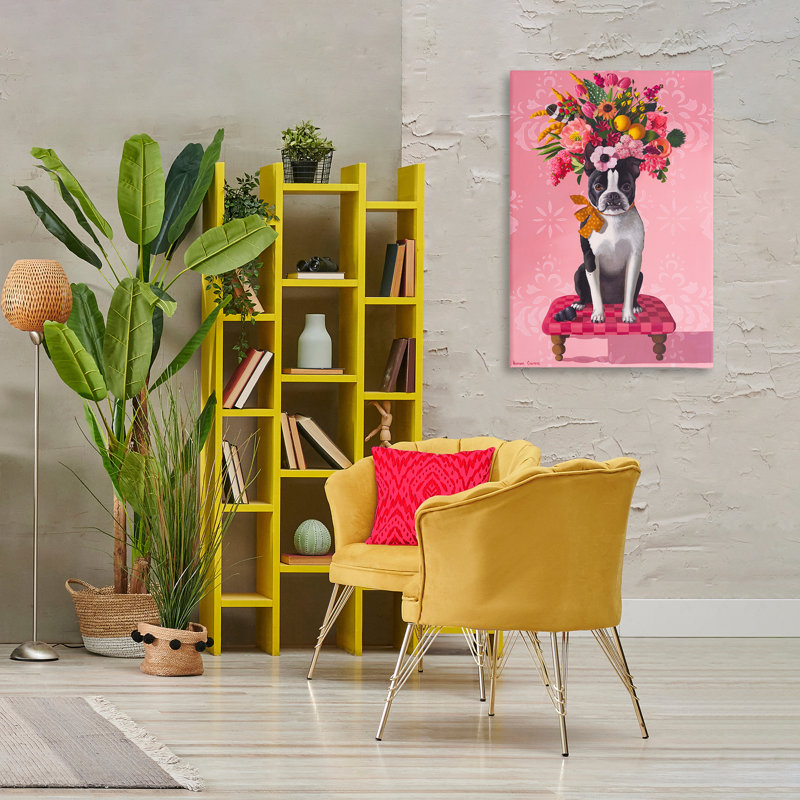 Bulldog et toile rose bouquet, design par Heather Gauthier, H 36 po x l 24 po