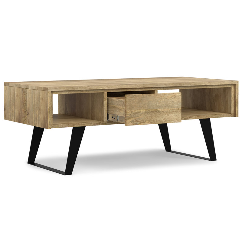 Lowry 48"W Solid Acacia Wood and Metal Modern Industrial Coffee Table with Drawers and Open Storage, Natural Wood
