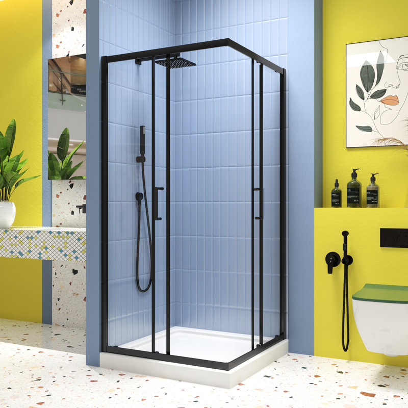 Sliding Shower Door In Matte Black, 1/4" Tempered Glass, 34.625 In. X 72 -Angle Pivot Enclosure With Stainless Steel Handle Glass Door, Impressive