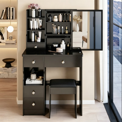 Ensemble de coiffeuse 29,2 pouces avec tabouret rembourré, tiroir de rangement à gauche et très grand miroir coulissant à droite, coiffeuse multi-couches avec rangement pratique