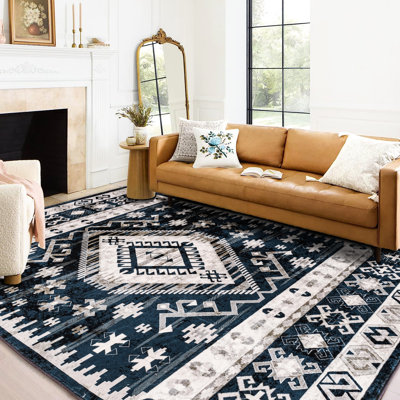 Tapis lavable 6X9 pour salon, chambre à coucher, cuisine - géométrique rétro bleu / noir antidérapant
