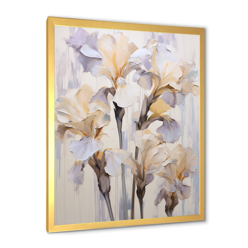 Beige, minimalisme, iris, pétales rayonnants V - iris, estampes murales, H 32 po x l 16 po x P 1 po, Cadre doré simple