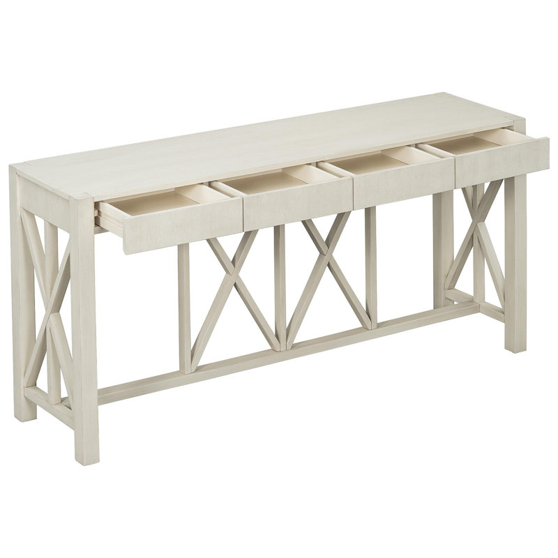 60''Acacia Veneer Console Table With 4 Spacious Drawers, Modern Crisscross Design Entryway Table With Open Bottom Storage,Farmhouse Sofa Table For Living Room,Kitchen,Dining Room,Hallway