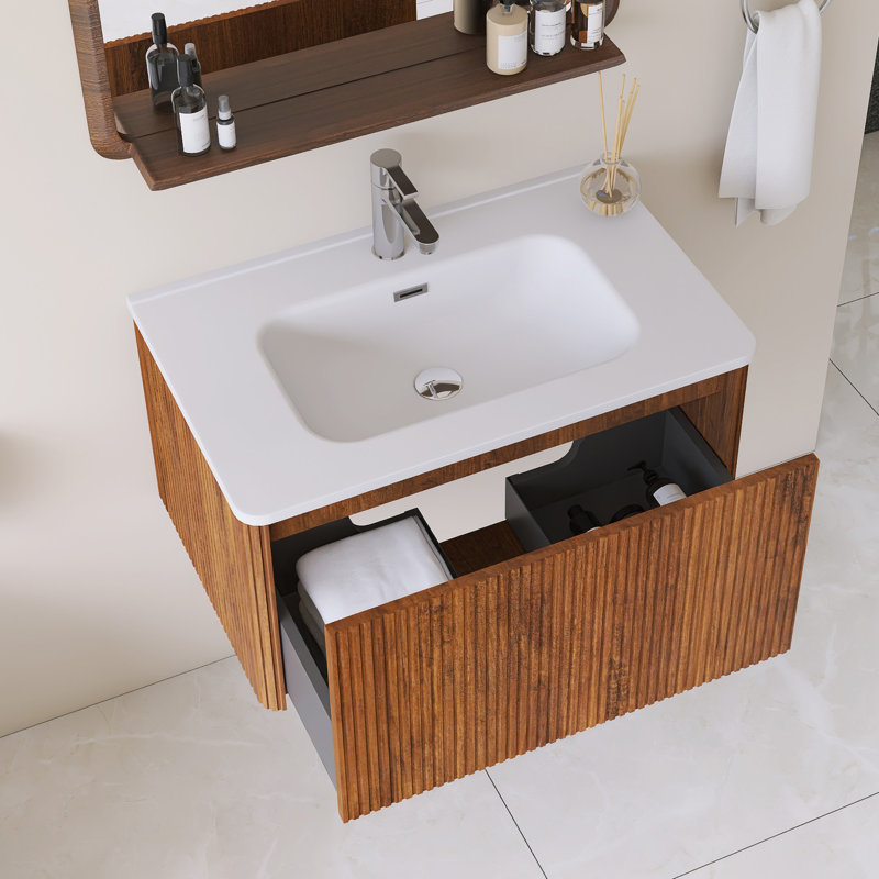 Meuble-lavabo mural simple 30 po avec comptoir intégré en céramique blanche, 30", Brun