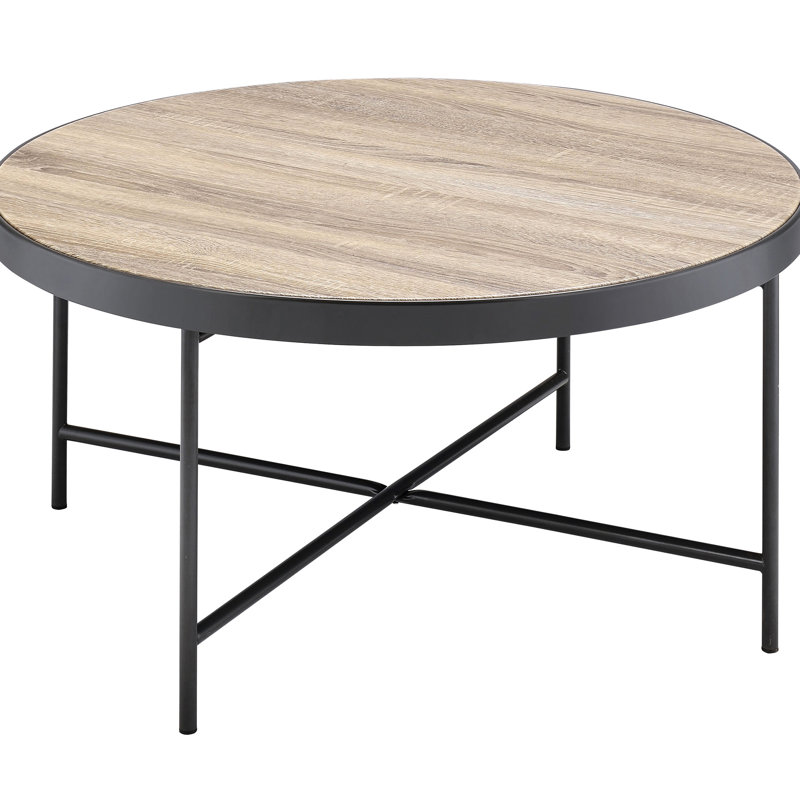 Table basse ronde à garniture en métal, table d'aspect industriel gris et noir avec beaucoup d'espace de rangement