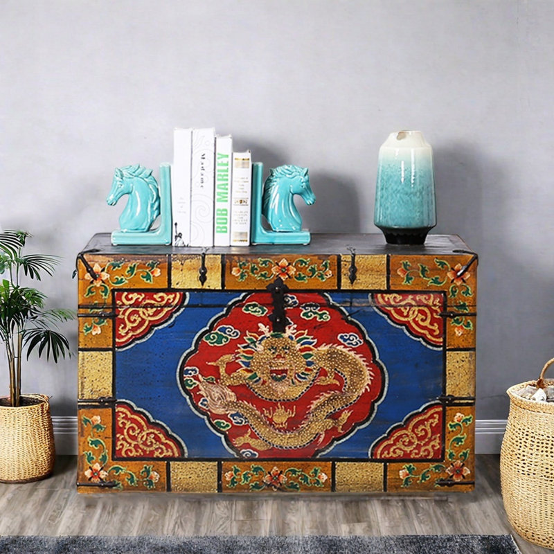 Large Retro Distressed Solid Wood Accent Trunk