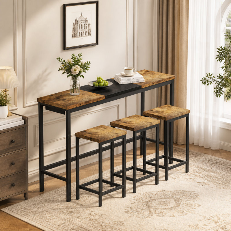 Table de salle à manger de cuisine moderne, table de pub, ensemble de table de salle à manger longue avec 3 tabourets, conception de tabouret suspendu pratique