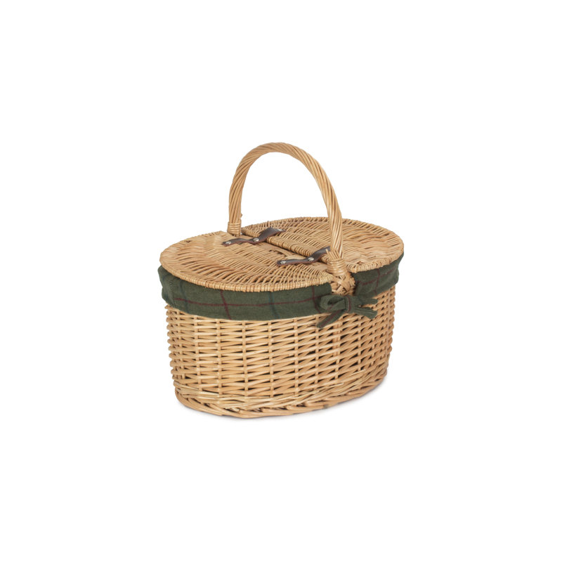 Wicker Lidded Picnic Hamper Basket with Lining, Buff/Green Tweed