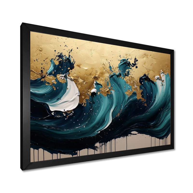 Pierre émeraude sur une bruine rythmique dorée I - Art abstrait encre liquide, Reproduction encadrée d'une seule photo