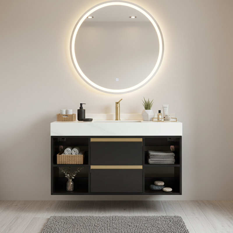 40" Wall-Mounted Black Vanity Cabinet with Thick Faux Marble Top and Drain Assembly