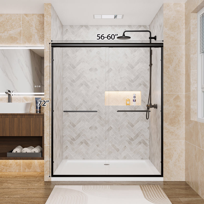 Aluminum Frame Double Sliding Shower Door, 1/4" (6Mm) Clear Tempered Glass With Explosion-Proof Film, Dual Stainless Steel Handles