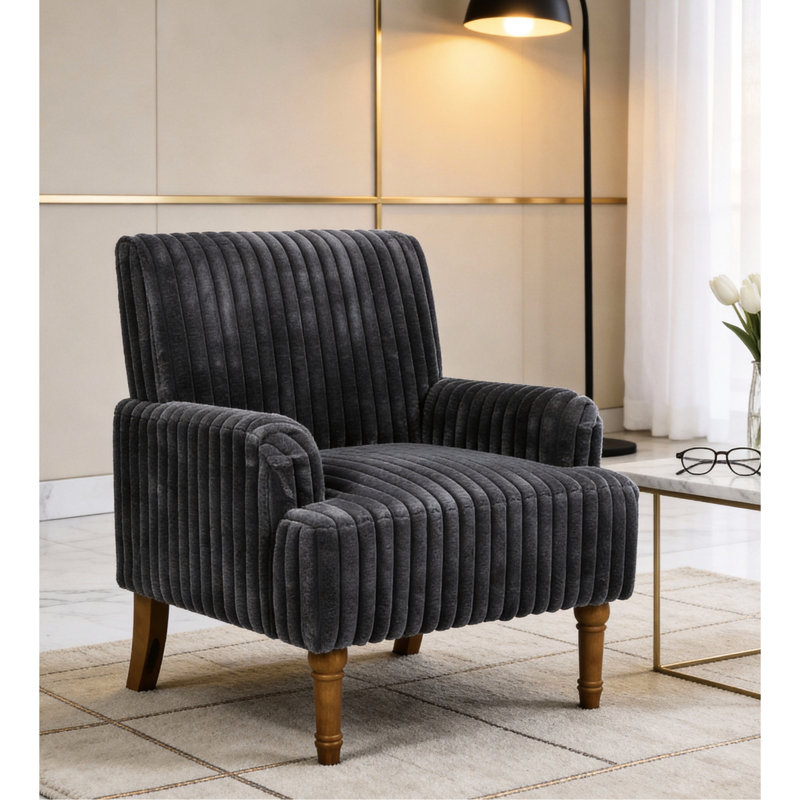 Fauteuil gris foncé de style moderne du milieu du siècle, recouvert de velours côtelé de 5 cm de large et doté de 9 pieds en bois massif, idéal pour un salon confortable et relaxant.