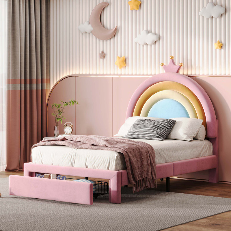 Lit tapissier arc-en-ciel coloré et rose de conception simple, plateau en velours de style princesse avec tiroir de rangement, aucun sommier nécessaire