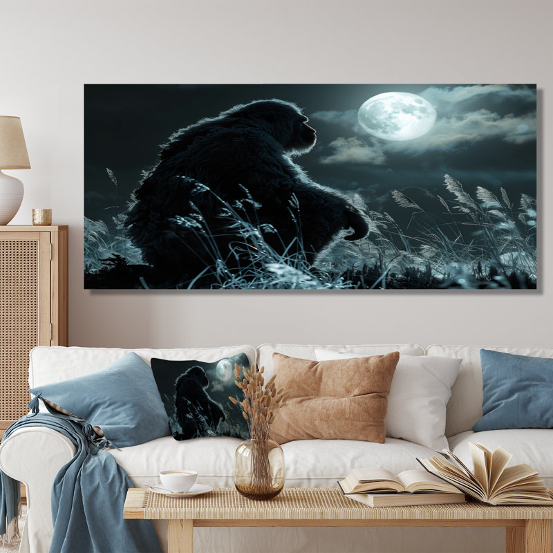 Noir et blanc clair de lune prairie Bigfoot - Bigfoot Wall Art Living Room, Toile tendue, H 28 po x l 60 po x P 1,5 po