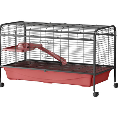 48" L Small Pet Haven - Rabbit & Ferret Play House With Feeder, Wheels, Platform, Ramp Red + Black Hideout