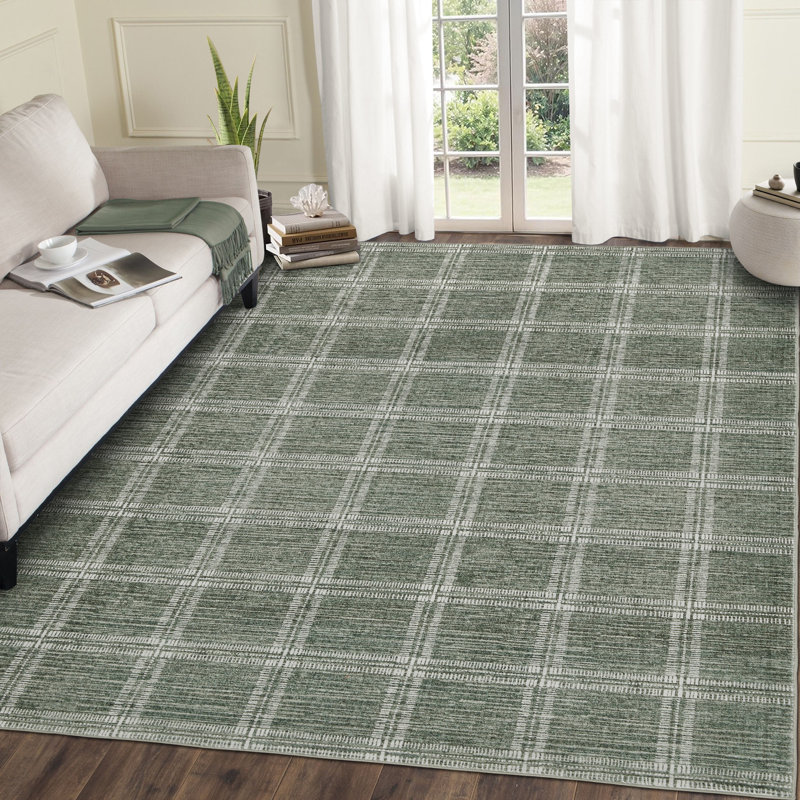 Modern Washable Area Rug Green Checkered Low Pile Non-Slip Geometric Plaid Floor Mat for Living Room Bedroom Dining Room Contemporary Home Decor 8x10ft