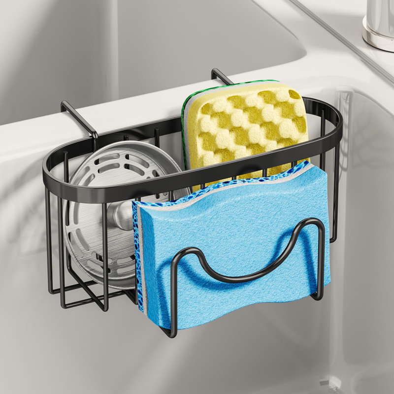 Porte-éponge en acier inoxydable peu encombrant - rangement efficace pour les éviers doubles, Noir mat
