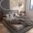 King Size Grey Upholstered Platform Bed With Extended Wood Headboard And Built-In Bedside Shelf