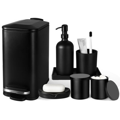 Bathroom Accessories Set, 7 Pcs Matte Bathroom Accessory Set With Trash Can, Soap Dispenser, Toothbrush Holder, Soap Dish, Vanity Tray, Cotton Swab Holder, Modern Bathroom Sets Complete Decor